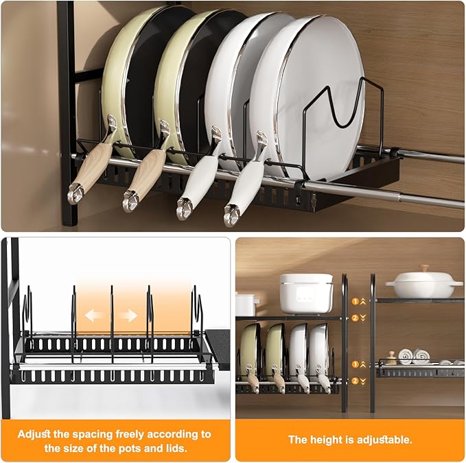 Under Sink Organizer 2 Tier Kitchen Storage Rack, Expandable Pot and Pan Organizer with Adjustable Height & 4 Dividers, Removable Kitchen Shelf for Cabinet, Countertop(4panels,1 Pot rack, Black)