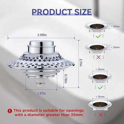 2 Pack Universal Bathtub Drain Stopper with Removable Hair Catcher, 3-in-1 Pop-up Drain Plug Fits 1.38 to 2.1 Inch Holes, Upgrade Shower Drain Cover with Stainless Steel Filter