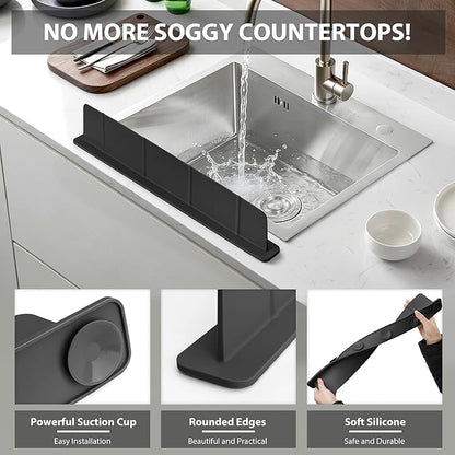 20Inch Silicone Sink Splash Guard with Strong Suction Cups, Flexible Kitchen Sink Splash Guard for Front of Sink, Easy to Clean Splash Guard for Kitchen & Bathroom (Black, 20.5''x2.8'')