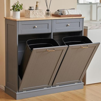 AHB Double Tilt Out Trash Can Cabinet Hidden Kitchen Trash Can, 2x13 Gallons Freestanding Recycling Cabinet with Hideaway Drawers Pet Proof Trash Can for Kitchen Living Room, Grey