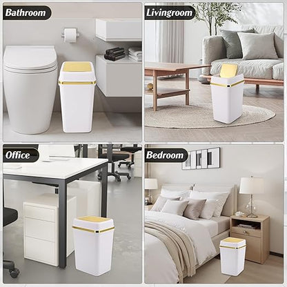 3 Pack Bathroom Trash Can with Lid 4 Gallon Small Trash Can with Swing Lid White and Gold Bathroom Garbage Can with 225 Counts Trash Bags for Kitchen Bedroom Office