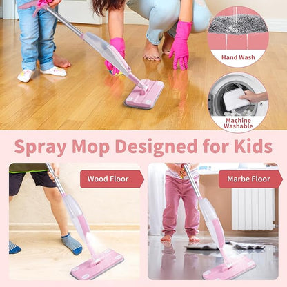 Kids Spray Mop,Toddler Mop Cleaning Set, Real Working Mini Mop & Kids Broom Dustpan Set, Housekeeping Pretend Play Toy, Montessori Kid Cleaning Toy Set Includes Organizer Clip -Pink