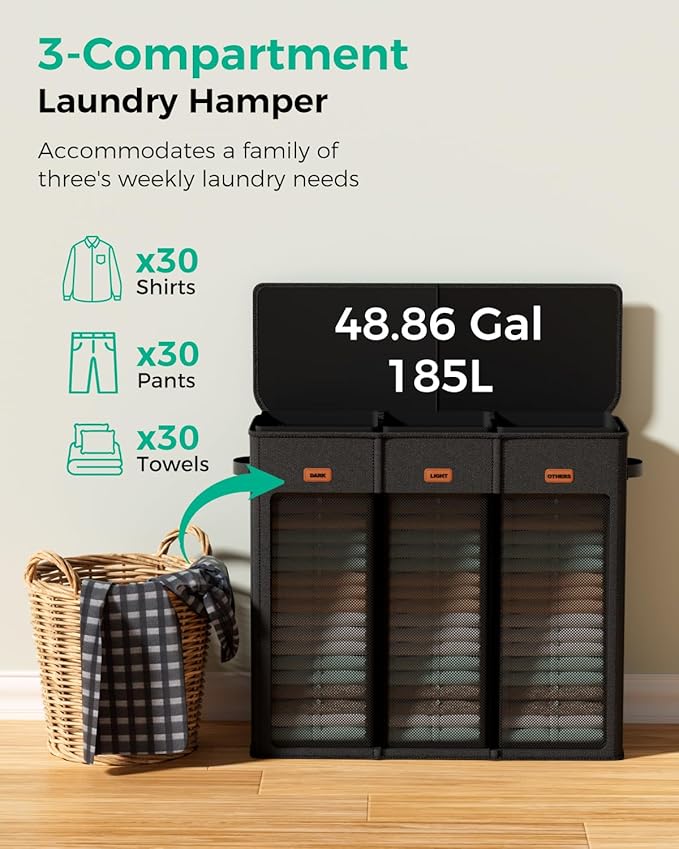 185L Laundry Hamper 3 Section, Large Laundry Hamper with Lid, Dirty Clothes Hamper with 3 Removable Washing Bags, Collapsible Laundry Basket Organizer for Laundry Room, Bedroom