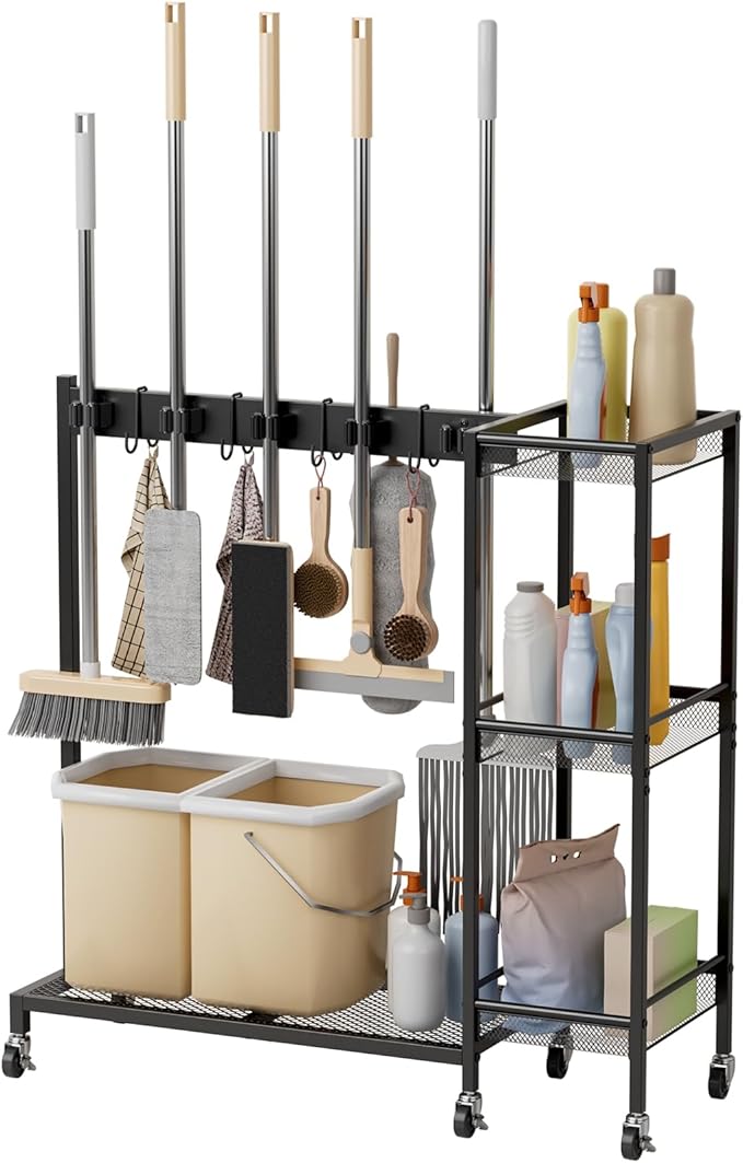 Heavy Duty Rolling Storage Cart & Cleaning Caddy - Freestanding Broom and Mop Organizer, 3-Tier Utility Cart on Wheels for Laundry Room Organization and Storage, Garage & Home Organization Bl