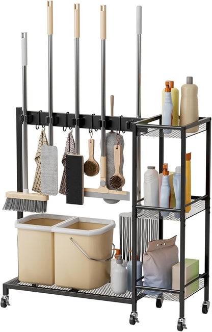 Heavy Duty Rolling Storage Cart & Cleaning Caddy - Freestanding Broom and Mop Organizer, 3-Tier Utility Cart on Wheels for Laundry Room Organization and Storage, Garage & Home Organization Bl