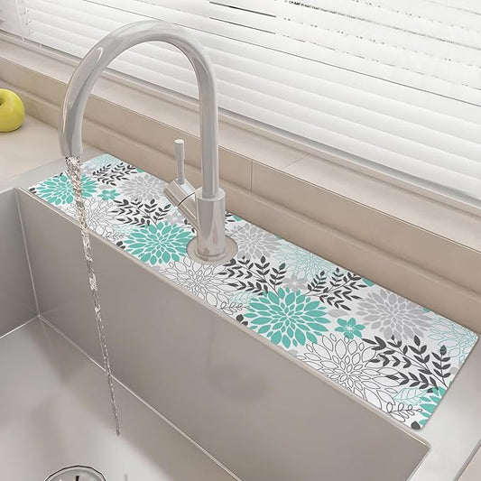 24" X 5.5" Kitchen Sink Splash Guard Faucet Mat Flora Super Absorbent Fast Drying Faucet Guard & Draining Mat Sink Splash Guard Behind Faucet for Kitchen, Bathroom