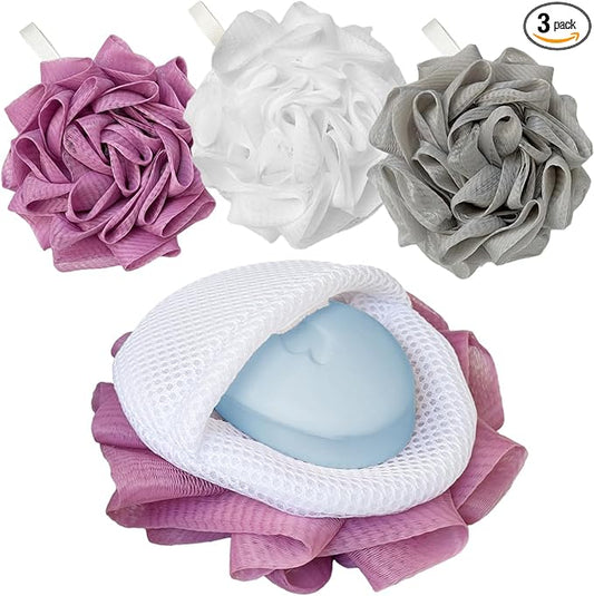3 Pack Bath Loofah Shower with Soap Bags, Dual-Use Exfoliating Bath Sponges Soap Saver for Women & Men, Gentle Body Scrubber (White, Gray, Purple)
