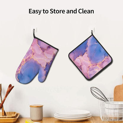 Oven Mitt and Pot Holders Sets - Marble Kitchen Mitts Decorative Purple Pink Oven Gloves Hot Pads Set of 2 for Cooking Baking Grilling