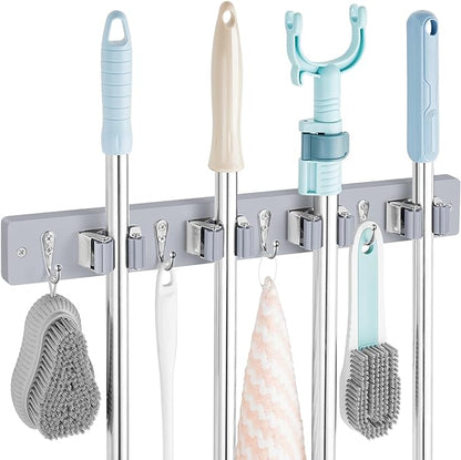 OUTNILI Gray Mop Broom Holder Wall Mount with 4 Slots & 4 Hooks - Wood Broom Mop Hanger for Pantry Closet Laundry Room Organization - Heavy Duty Garden Tool Organizer
