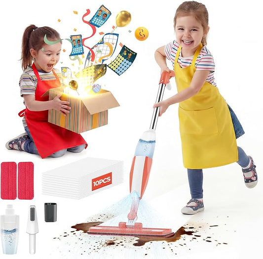 Kids Spray Mop - Chores Chart Set Montessori Cleaning Set Toy with Real Water Sprayer 2PCS Washable Pads and 10PCS Disposable Mop Pads for Ages 3-8 (Pink)