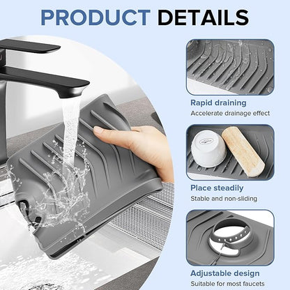 Kitchen Sink Faucet Mat,30in New Foldable Faucet Mat for Kitchen Sink, Adjustable Waterproof Splash Guard Draining Mat,Keep Countertops Dry ((Gray,29.9" x 5.7)