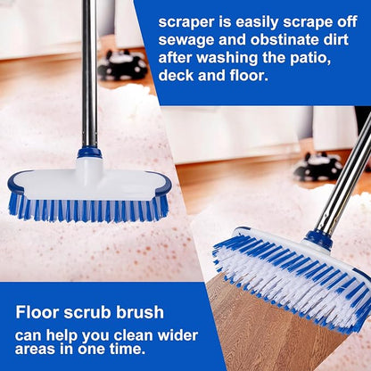 Floor Scrub Brush with Long Handle, 2 in 1 Deck Scrub Brush, Stiff Bristle Scrub Broom & Cleaning Brush for Tile Floor,Deck,Patio,Marble,Garage,Wall, Kitchen,Bathroom