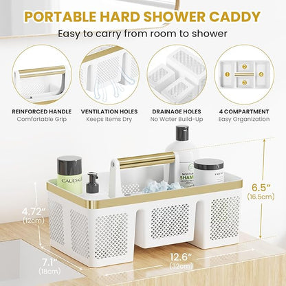 BYUNER Portable Cleaning Caddy & Shower Basket: Hard Plastic Caddy Organizer with Handle, 4 Divided Compartments, All-Side Drainage for Bathroom, Dorm & Utility, College Dorm Room Essentials