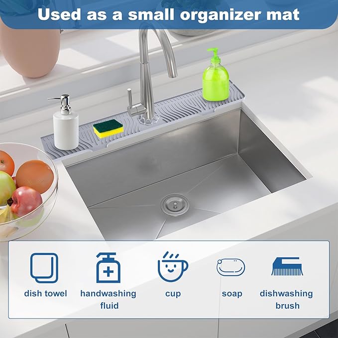 Longer Sink Splash Guard Mat 33 inch, Silicone Faucet Handle Drip Catcher Tray, Longer Silicone Sink Mat for Kitchen Bathroom, Drip Protector Splash Countertop (Grey)
