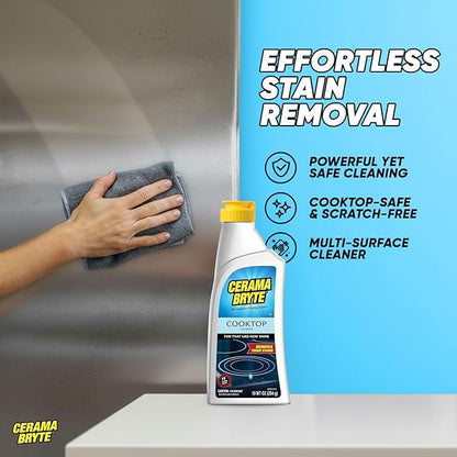 Cerama Bryte Glass Cooktop and Stove Top Cleaner Combo Kit - Includes Cleaning Tool, Razor, Scraper and 3 Pads to Remove Tough Stains - Use on Gas, Electric, Ceramic Surfaces, 10 Ounces, 6 Piece