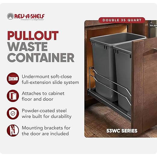 Rev-A-Shelf Double Pullout Trash Cans for Under Kitchen Cabinets 35 Quart 8.75 Gallon with Soft-Close Slides, 14.5" Min Opening, 53WC-1835SCDM-213