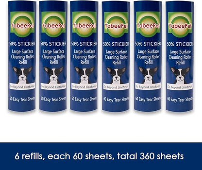 8 inch Large Surface Roller Refill for Scotch-Brite 50% Stickier Lint Roller, Works Great On Pet Hair (60 Sheets per Roll, 6 Pack)