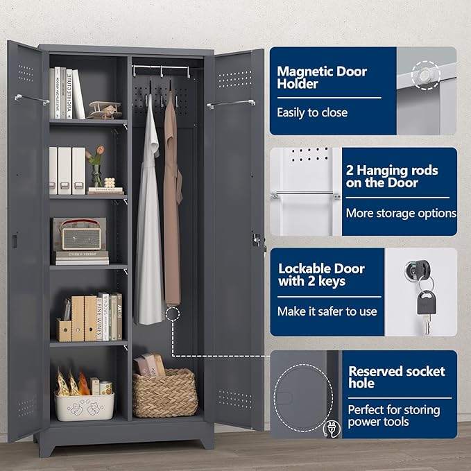 Broom Closet,Broom Closet Storage Cabinets with Lock, 65" Metal Garage Organization Cabinet,Cleaning SupplyUtility Storage Cabinet with Pegboard & Shelves for Laundry Room,Workshop