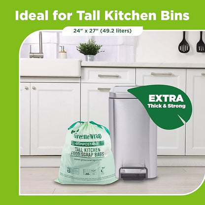 13 Gallon Compostable Trash Bags with Drawstring, 30 Count, 1 Mil, Tall Kitchen Food Scrap Compost Bags, BPI Certified, ASTM D6400, Compostable Garbage Bags, Unscented, 13 Gal