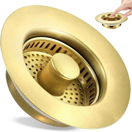 Kitchen Sink Drain Strainer 3 in 1, 304 Stainless Steel Pop Up Sink Stopper, Anti-Clogging Sink Drain Strainer for US Standard Kitchen Drain (Gold)