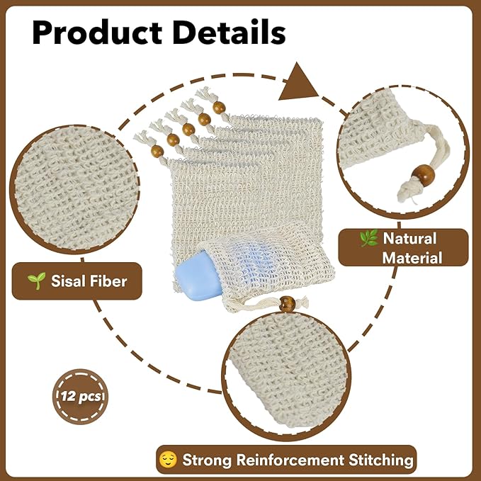 12 PCS Soap Saver Bag, Exfoliating Soap Saver Pouch, Natural Cotton Linen Mesh Soap Bag with Drawstring for Smooth Skin, for Bathing & Facial Cleansing