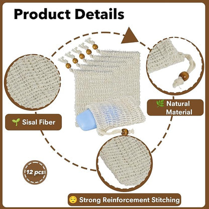 12 PCS Soap Saver Bag, Exfoliating Soap Saver Pouch, Natural Cotton Linen Mesh Soap Bag with Drawstring for Smooth Skin, for Bathing & Facial Cleansing