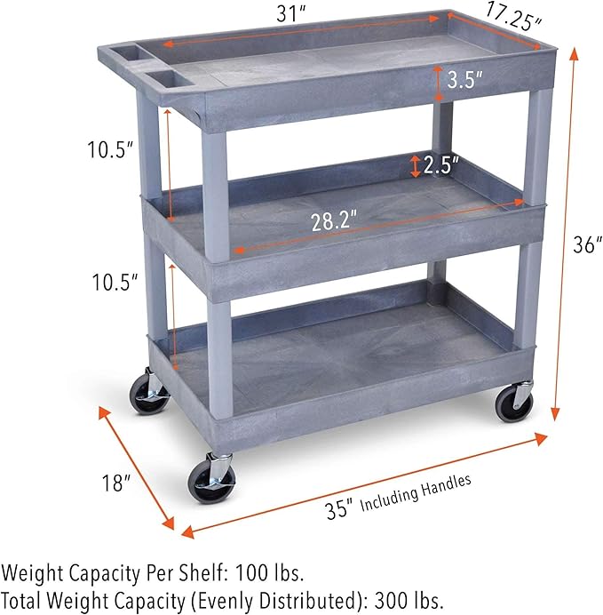 Tubstr 3-Tier Rolling Utility Cart with Wheels | Supports 300 lbs. Total | Heavy-Duty Capacity for Garage Storage, Office Spaces, & Kitchen Use | Durable Tool Cart with Locking Wheels (Gray, 32 x 18)