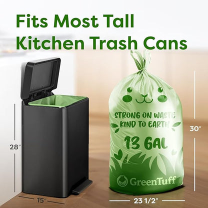 13 Gallon Compostable Trash Bags (30 Count) — Leakproof Plant-based Thick (1.1 Mil) Tall Kitchen Garbage Bags — ASTM D6400 BPI Certified — Heavy-Duty Large Food Scrap Liner Bag with Handle-Tie