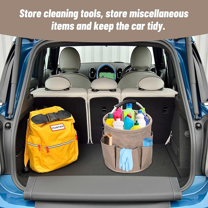 17L Portable Cleaning Bucket Organiser, 6 Pockets Foldable Cleaning Caddy with Handle Wearable Cleaning Caddy Bag for Outdoor Camping Garden Harvest Basket Home Bathroom Storage (Khaki)