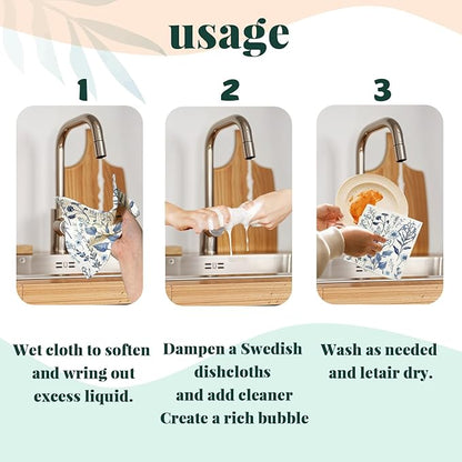 Spring Flower Swedish Dishcloths for Kitchen, Blue Swedish Dish Cleaning Cloths for Floral, Papaya Reusable Paper Towels, 4 Pack Dish Towels for Kitchen, Reusable Paper Dishcloths Washable
