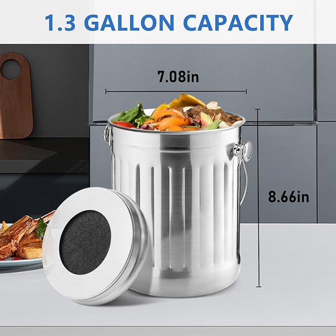 ENLOY Compost Bin for Kitchen Countertop, 1.3 Gallon Stainless Steel Indoor Compost Bucket for Kitchen Countertop Odorless Compost Pail for Kitchen Food Waste with Carrying Handle Easy to Clean