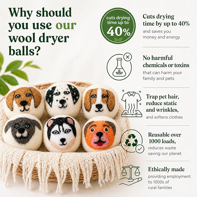 Wool Dryer Balls & Essential Oils for Laundry Bundle – 6 XL Puppy Reusable Dryer Balls with 6 Pack Essential Oils for Dryer Balls, Diffusers & Natural Fabric Softening