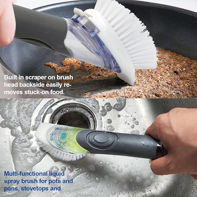 CELOX Soap Dispensing Dish Brush, Kitchen Brush for Dish Pot Pan Sink Cleaning, Gray