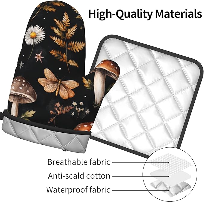 Mushroom Oven Mitts Set – Vintage Pot Holders Kitchen Gloves for Women Farmhouse Kitchen Mitts Floral Herb Potholders Set of 2 Durable for Cooking Baking