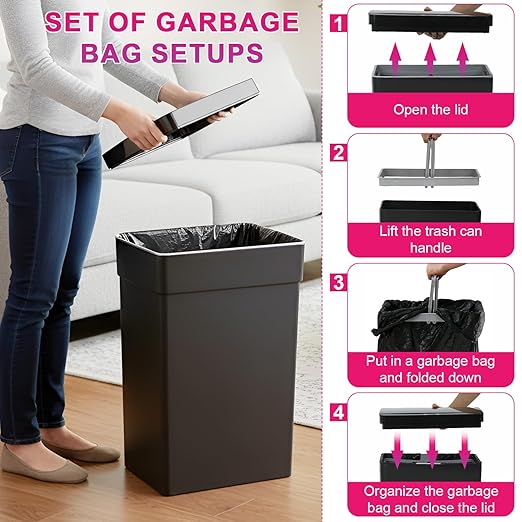 PayLessHere 13 Gallon 50 L Trash Can with Lid Plastic Kitchen Trash Bin Automatic Touch Free Motion Sensor Trash Can (1, Black)