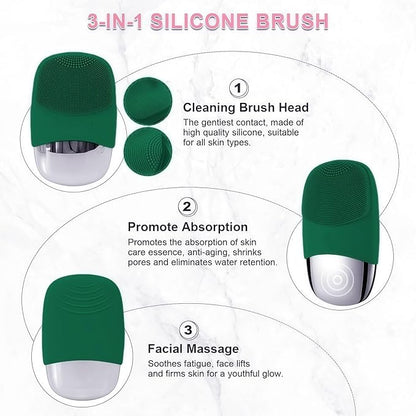 MEGAN Facial Cleansing Brush,USB Rechargeble Electric Silicone Face Scrubber,IPX7 Waterproof Sonic Facial Massager, 3 in 1 face Brush for Deep Cleanning, Blackhead Remover, Exfoliating. (Green)