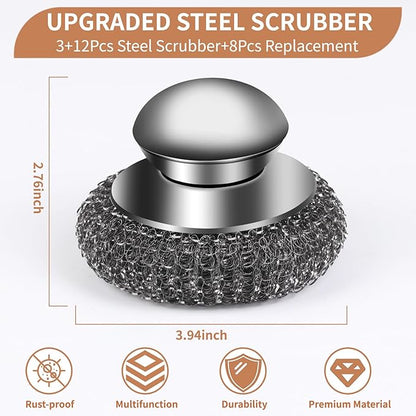 15Pcs Steel Wool Scrubber with Replacement Wire Sponge Pads Set, Stainless Steel Scrubber with Handle for Scouring Messes from Cast Iron, Frying pan, Pots, Pans, Grill, Stoves, Sink