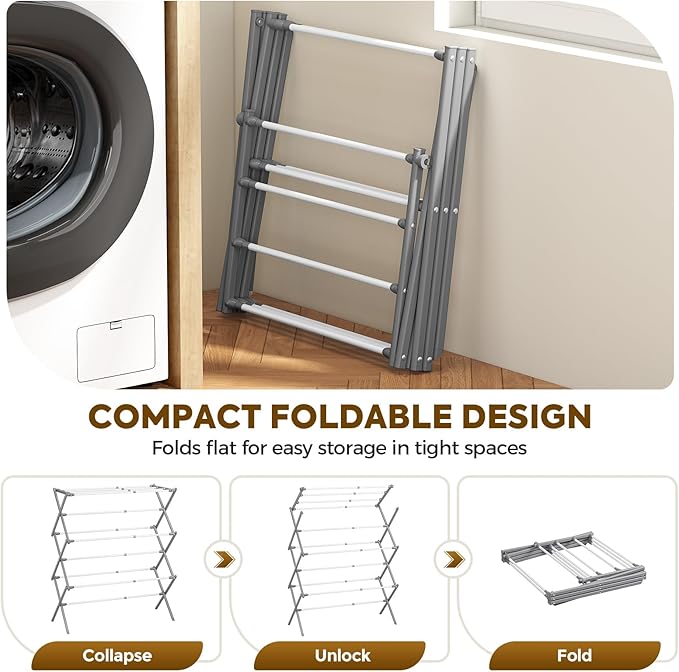 KINGBOARD Clothes Drying Rack, Collapsible Drying Rack Clothing with 11 Poles, 3-Tier Laundry Drying Rack, Small Clothes Drying Rack Foldable for Baby Clothes, 25lb Capacity, White & Grey