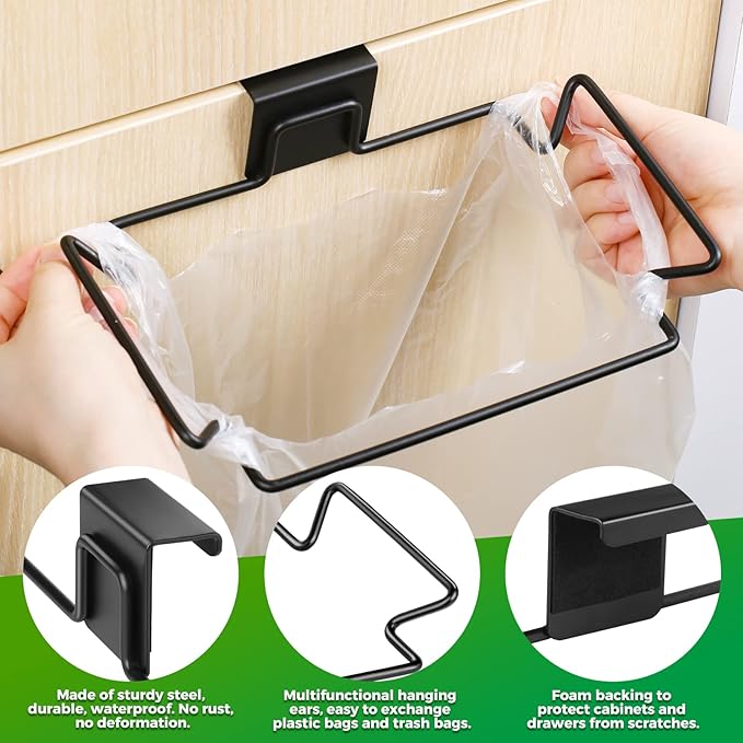 Trash Bag Holder,2 Pack Trash Bag Holder for Cabinet Door and Cupboards,Stainless Steel,Black,Plastic Bag Holder under Sink,Use for Kitchen,Bathroom,Camper,Rv