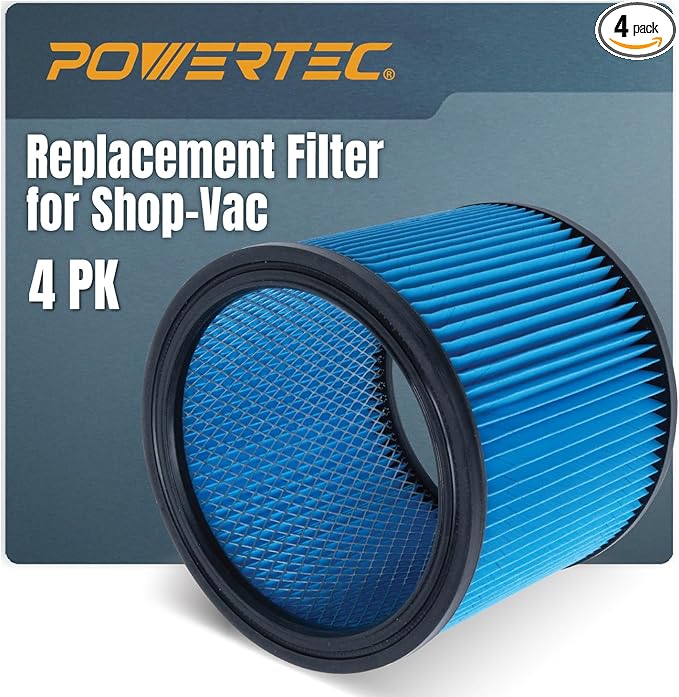 POWERTEC 90304 Cartridge Filters 4PK for Shop Vac, 90333, 90350, 9030433 Type U Replacement Filters, Fits Shop-Vac Most 5 Gallon and Above Wet/Dry Vacuum Cleaners (75082-P4)