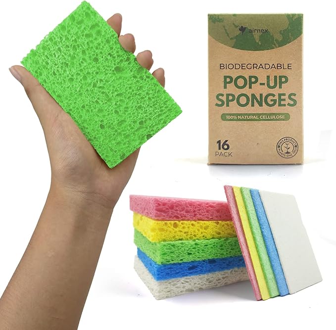 AIRNEX Compressed Cellulose Sponges - 16 Pack Natural Pop Up Dish Sponge for Kitchen - Compostable Plant-Based Cleaning Sponges Bulk – Non Scratch Natural Sponge for Dishes & Household Cleaning