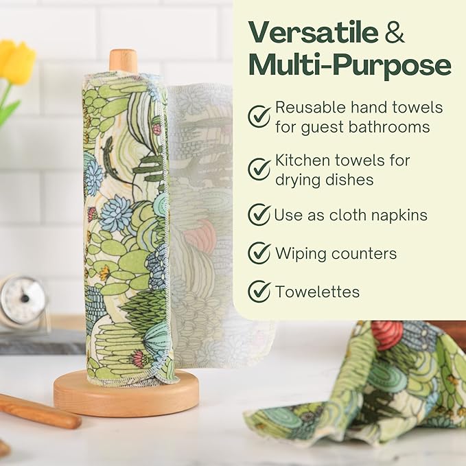 Reusable Paper Towels (12"x10”) - Soft Absorbent 100% Washable Paper Towels - Reusable Paper Towels Washable w/Cardboard Roll - Reusable Napkins (Cactus, 12x10inch)