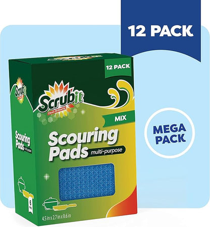 SCRUBIT Multi-Purpose Dish Scrub Sponge, Non Scratch Scouring Pads, Cleaning Sponges for pots & Dishes - Pot Scrubber Sponges for Kitchen & Bathroom - 12 Pack Dish Sponge (Blue,Red,Green)