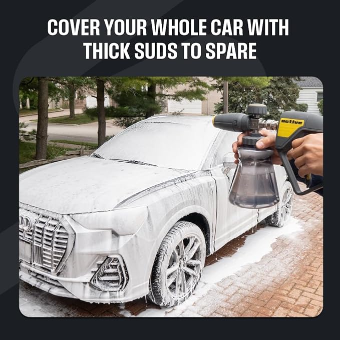 Active Foam Cannon with ¼ inch quick connector for Electric and Gas Pressure Washers. Wide-mouth bottle and variable spray to generate thick snow foam spraying for home DIY car wash & detailing (JH70)