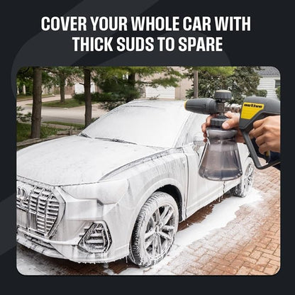 Active Foam Cannon with ¼ inch quick connector for Electric and Gas Pressure Washers. Wide-mouth bottle and variable spray to generate thick snow foam spraying for home DIY car wash & detailing (JH70)