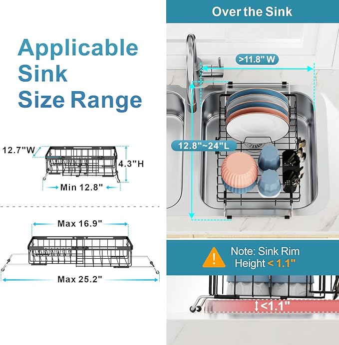 iSPECLE Expandable Dish Drying Rack for Kitchen Sink - Rust Resistant Adjustable Over the Sink Dish Drainer with Non Slip Rubber, 12.7" W x 12.8"-25.2" L, Black