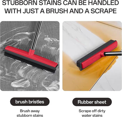 Rubber Broom Pet Hair Remover for Carpet with Squeegee - 50" (130cm) Sturdy 4-Piece Sectional Handle, 3-Level Adjustable Height Silicone Broom for Rugs, Tile, Hardwood Floors & Windows