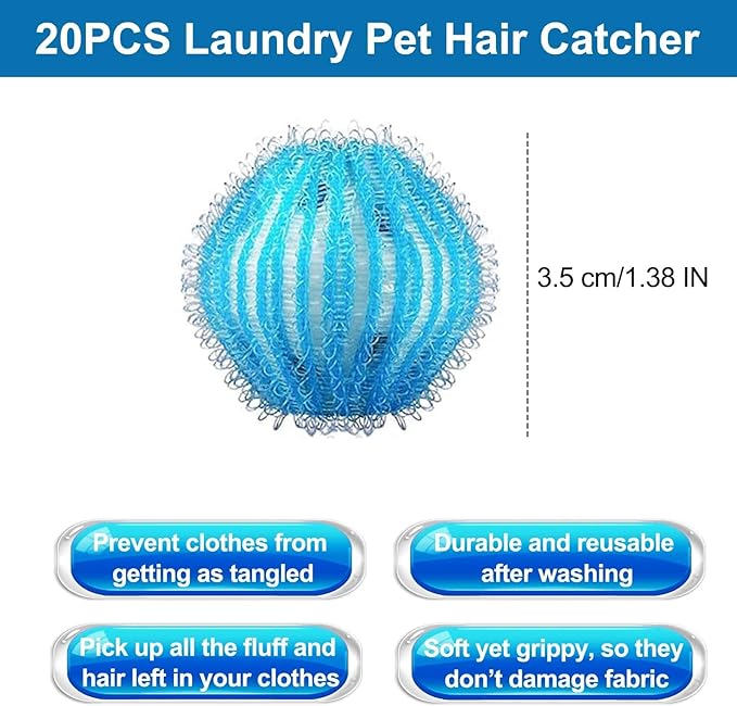 20Pcs Pet Hair Remover for Laundry - 1.4 inch Mini Ball Lint Traps for Washing/Dryer Machine,Effective Cat Dog Laundry Pet Hair Catcher for Clothes,Sheets,Towels,Not Damage Fabric
