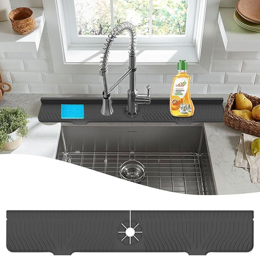 33 inch Sink Splash Guard Mat, Sink Faucet Drying Mat, Silicone Faucet Handle Drip Catcher Tray, Longer Silicone Sink Mat for KitchenBathroom, Drip Protector Splash Countertop (Black)