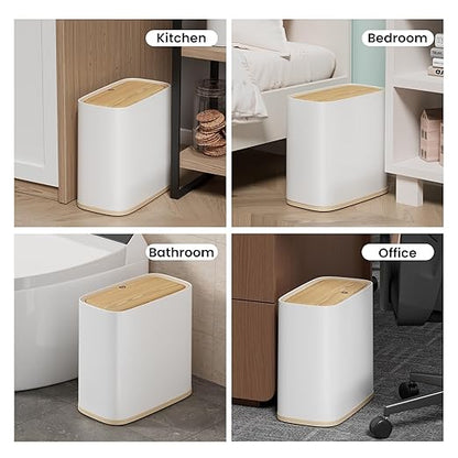 Bathroom Trash Can with Lid and Wheels, 10L/2.6 Gal Small Slim Garbage Can, Air-Press Bag Expander, Odor & Pet Proof, Wood Grain Press Lid, White Wastebasket for Bedroom, Office, Living Room